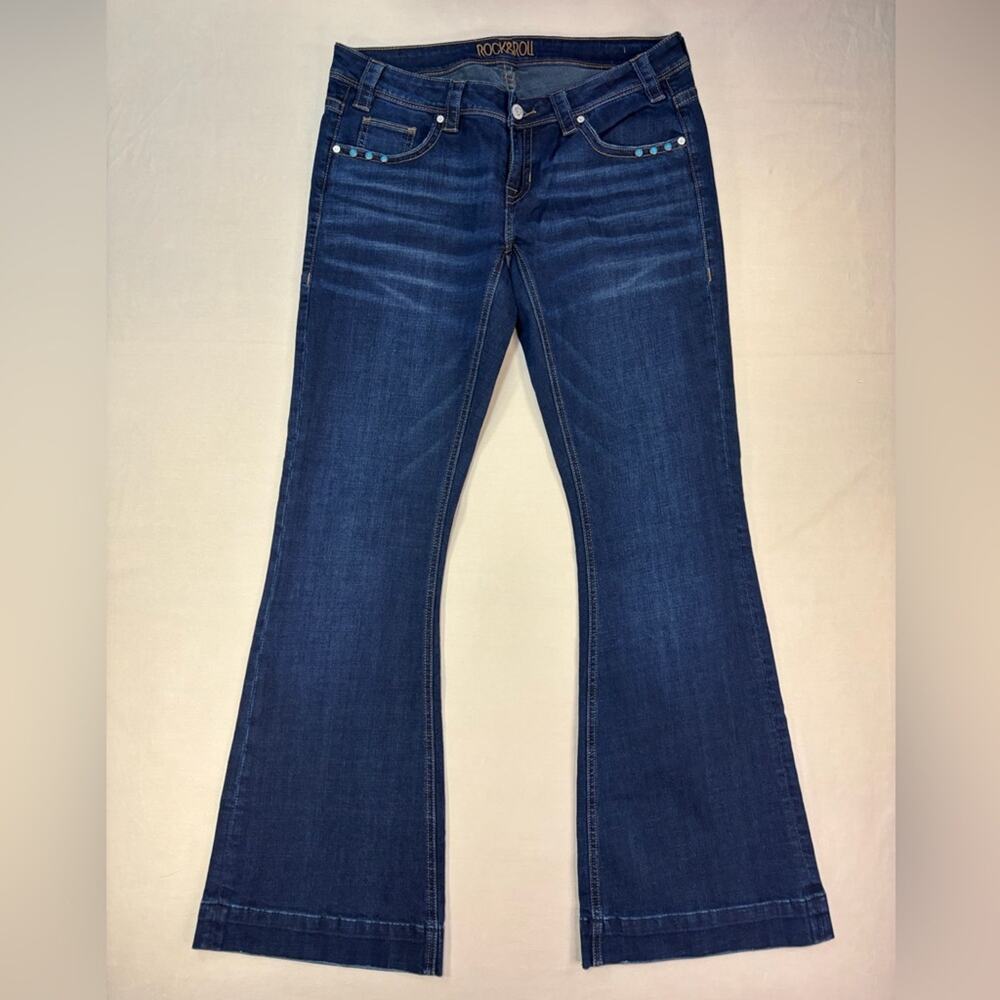 Rock & Roll Cowgirl Women's Dark Blue Trouser Flare Jeans Size 31 x 34